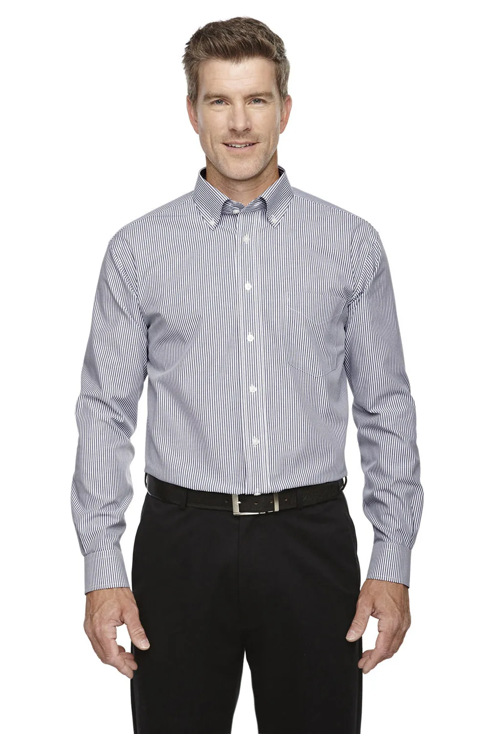 Devon & Jones Mens Crown Woven Collection Wrinkle Resistant Long Sleeve Button Down Shirt w/ Pocket - Navy Blue