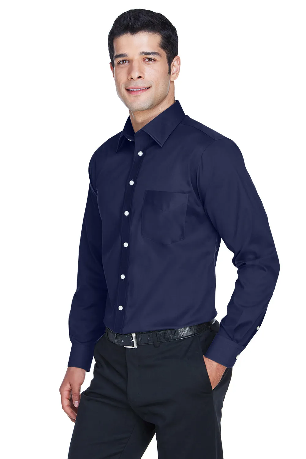 Devon & Jones Mens Crown Woven Collection Wrinkle Resistant Long Sleeve Button Down Shirt w/ Pocket - Navy Blue