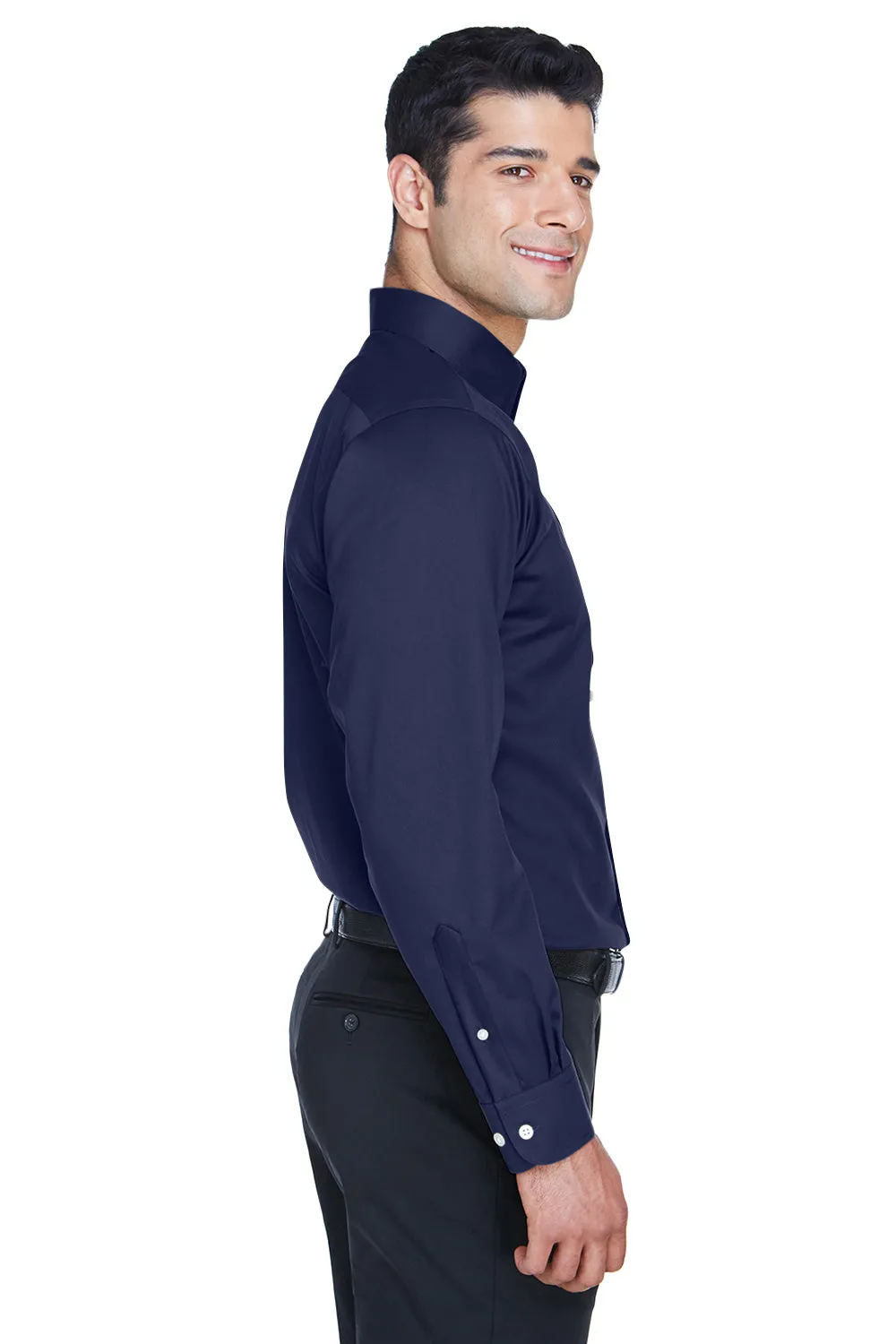 Devon & Jones Mens Crown Woven Collection Wrinkle Resistant Long Sleeve Button Down Shirt w/ Pocket - Navy Blue