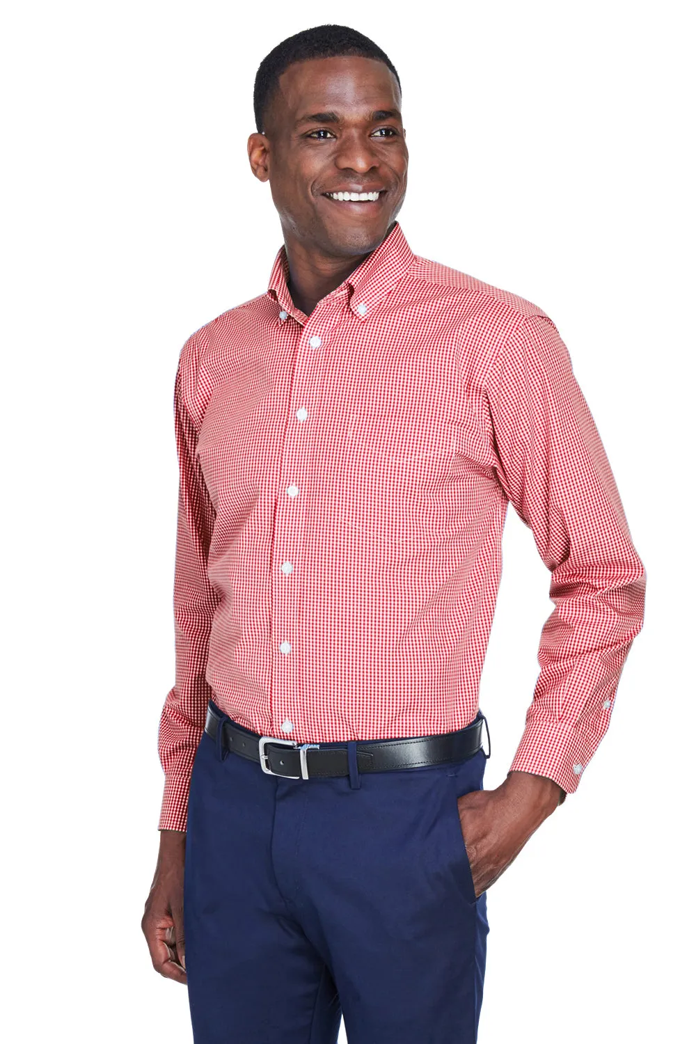 Devon & Jones Mens Crown Woven Collection Wrinkle Resistant Long Sleeve Button Down Shirt w/ Pocket - Red