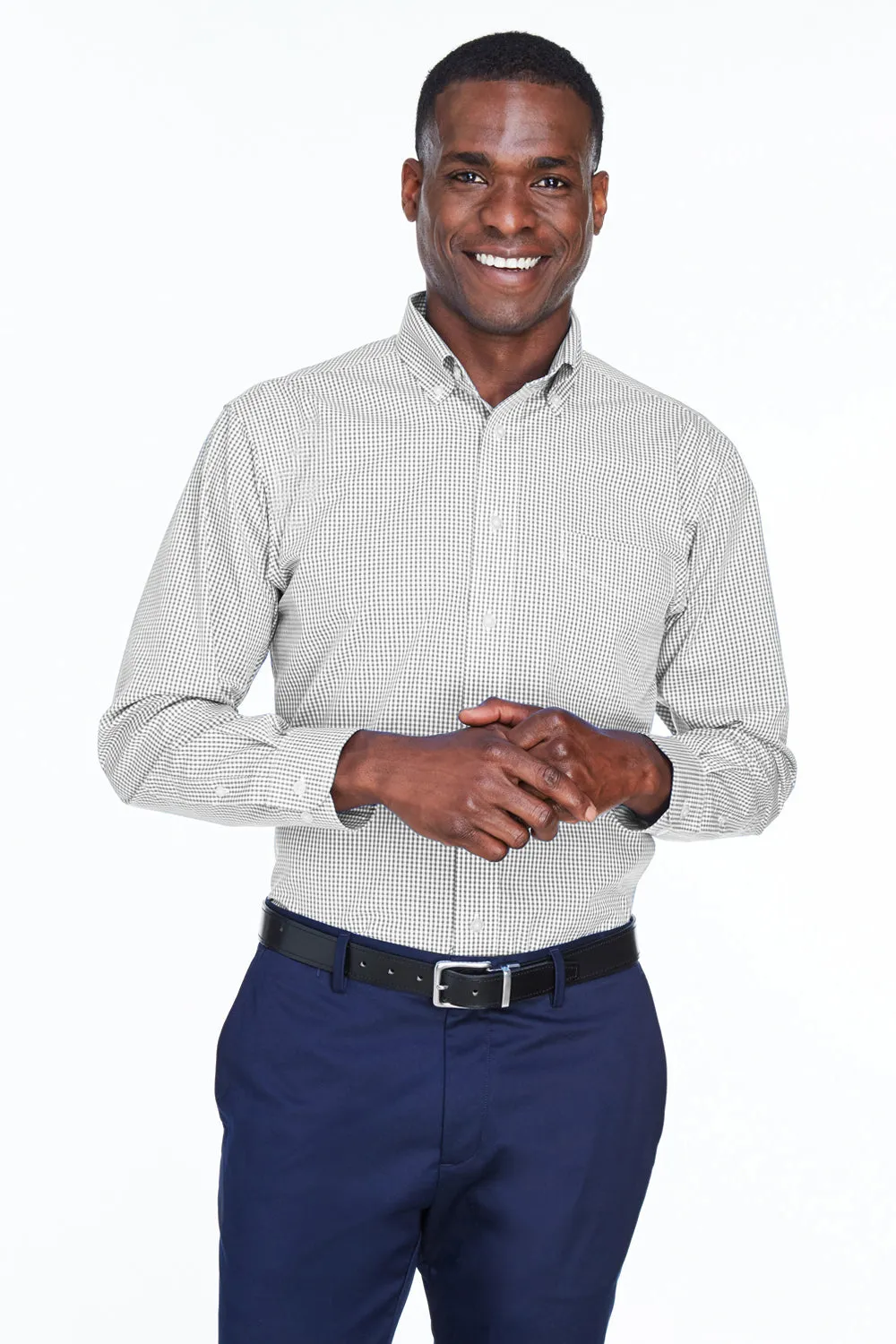 Devon & Jones Mens Crown Woven Collection Wrinkle Resistant Long Sleeve Button Down Shirt w/ Pocket - Silver Grey