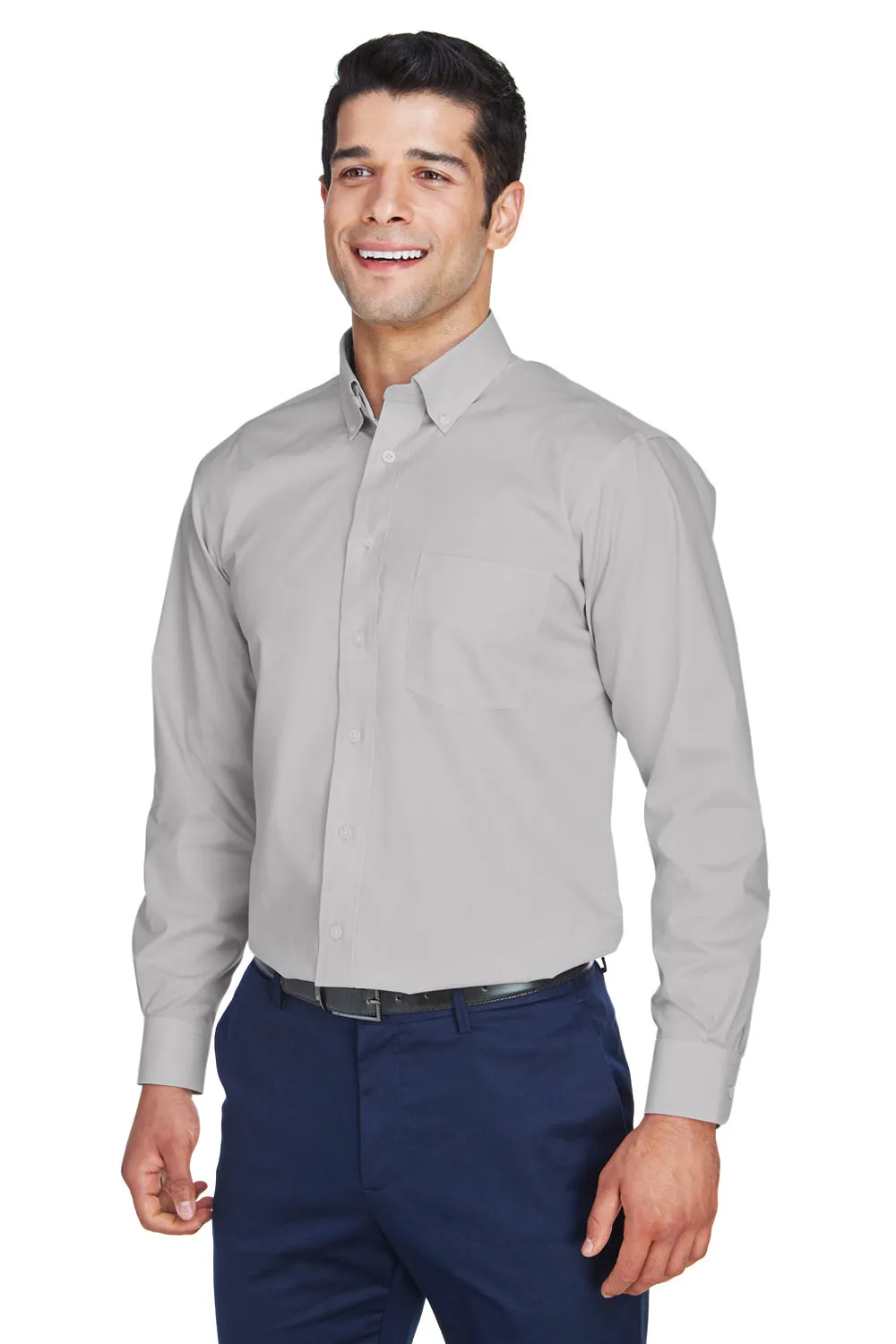 Devon & Jones Mens Crown Woven Collection Wrinkle Resistant Long Sleeve Button Down Shirt w/ Pocket - Silver Grey