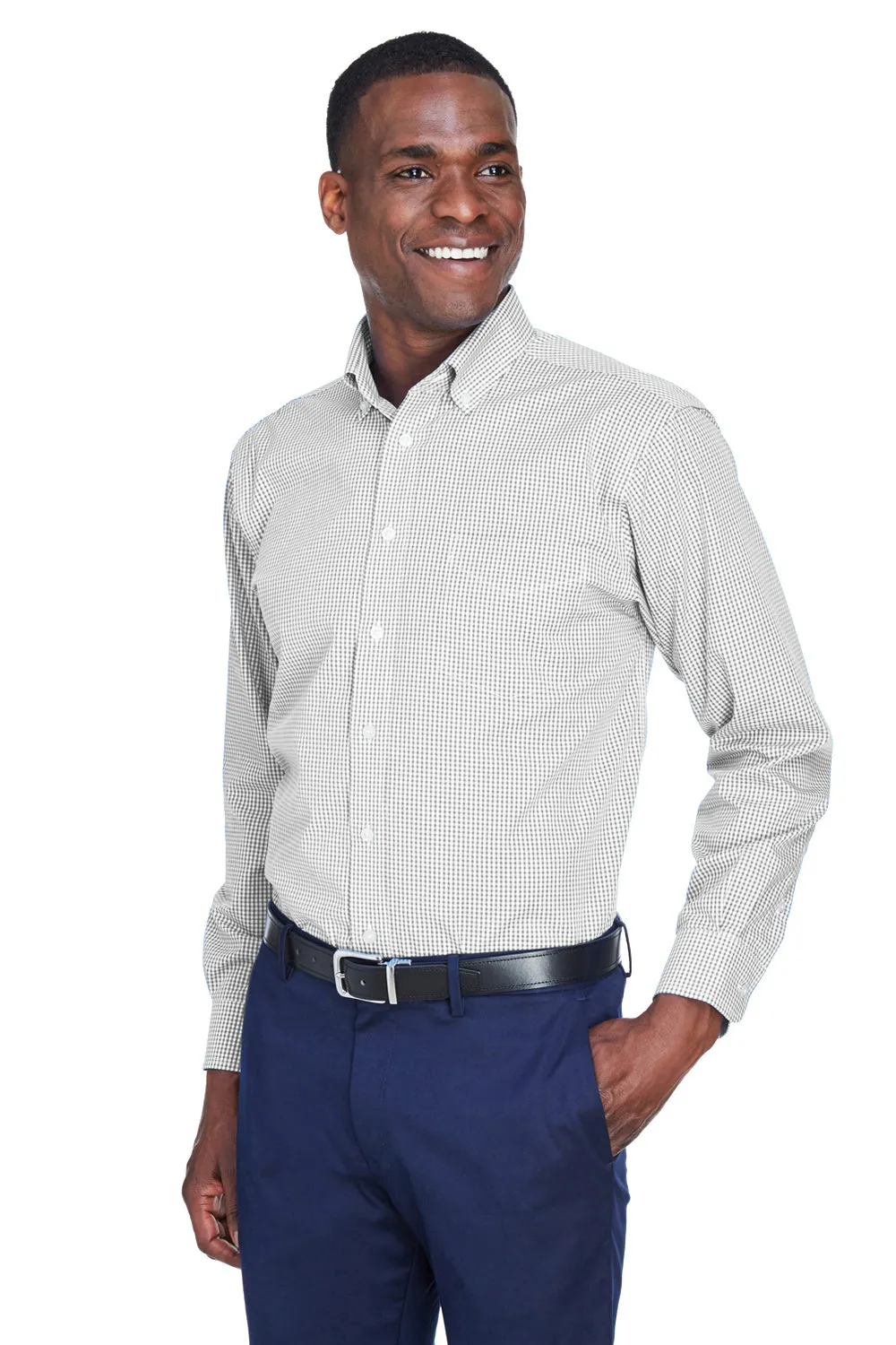 Devon & Jones Mens Crown Woven Collection Wrinkle Resistant Long Sleeve Button Down Shirt w/ Pocket - Silver Grey