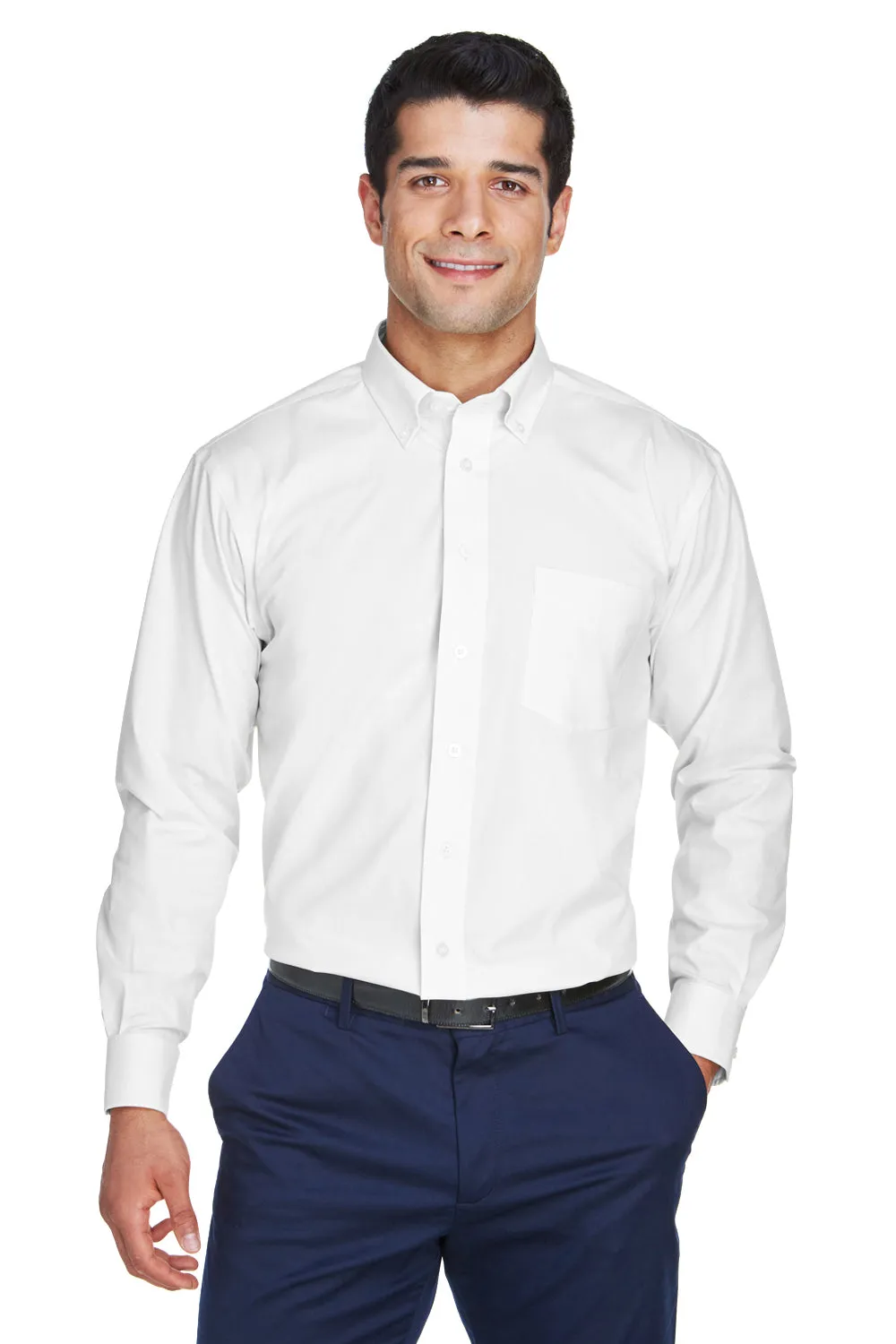 Devon & Jones Mens Crown Woven Collection Wrinkle Resistant Long Sleeve Button Down Shirt w/ Pocket - White