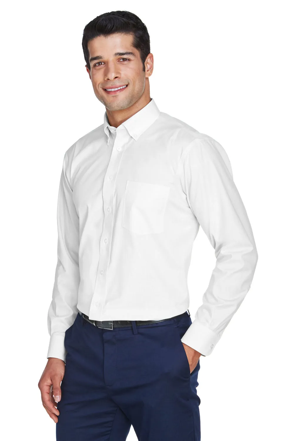 Devon & Jones Mens Crown Woven Collection Wrinkle Resistant Long Sleeve Button Down Shirt w/ Pocket - White