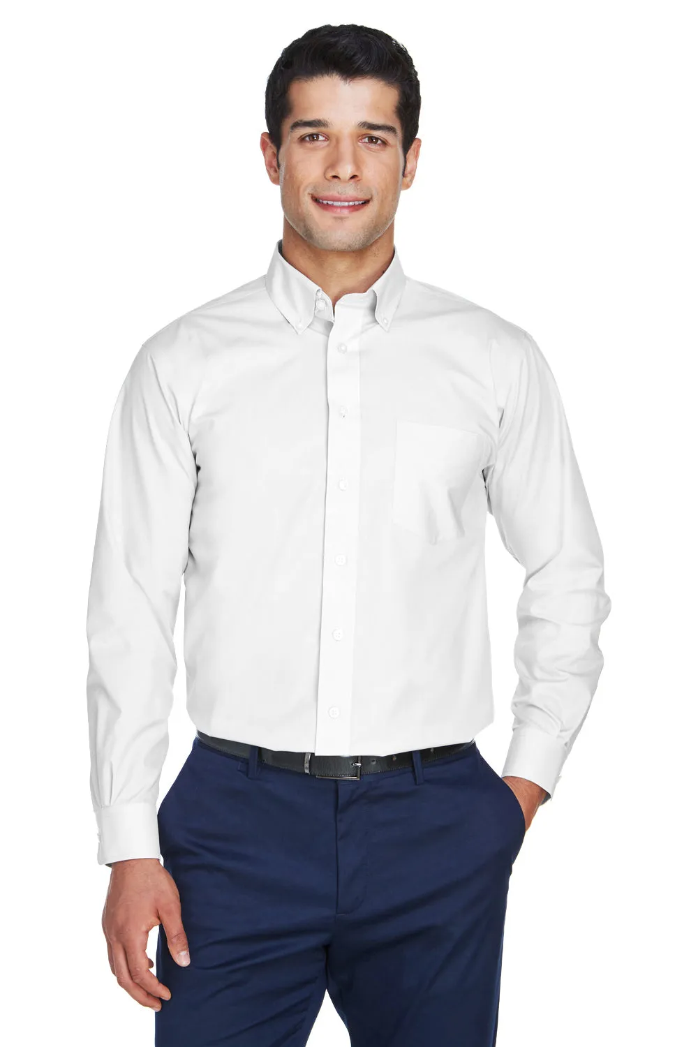 Devon & Jones Mens Crown Woven Collection Wrinkle Resistant Long Sleeve Button Down Shirt w/ Pocket - White