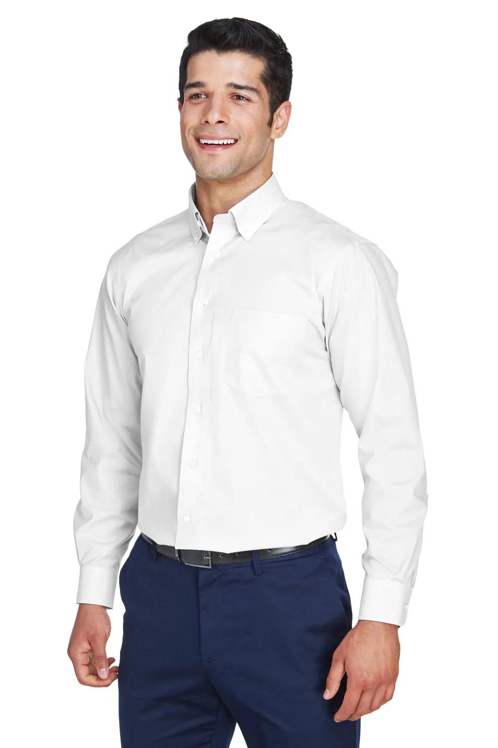 Devon & Jones Mens Crown Woven Collection Wrinkle Resistant Long Sleeve Button Down Shirt w/ Pocket - White