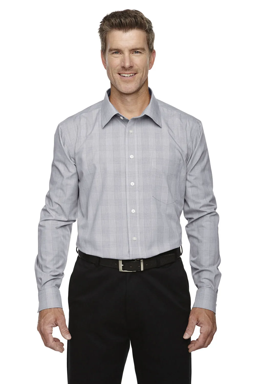 Devon & Jones Mens Crown Woven Collection Wrinkle Resistant Long Sleeve Button Down Shirt w/ Pocket - White/Graphite Grey/Light Graphite