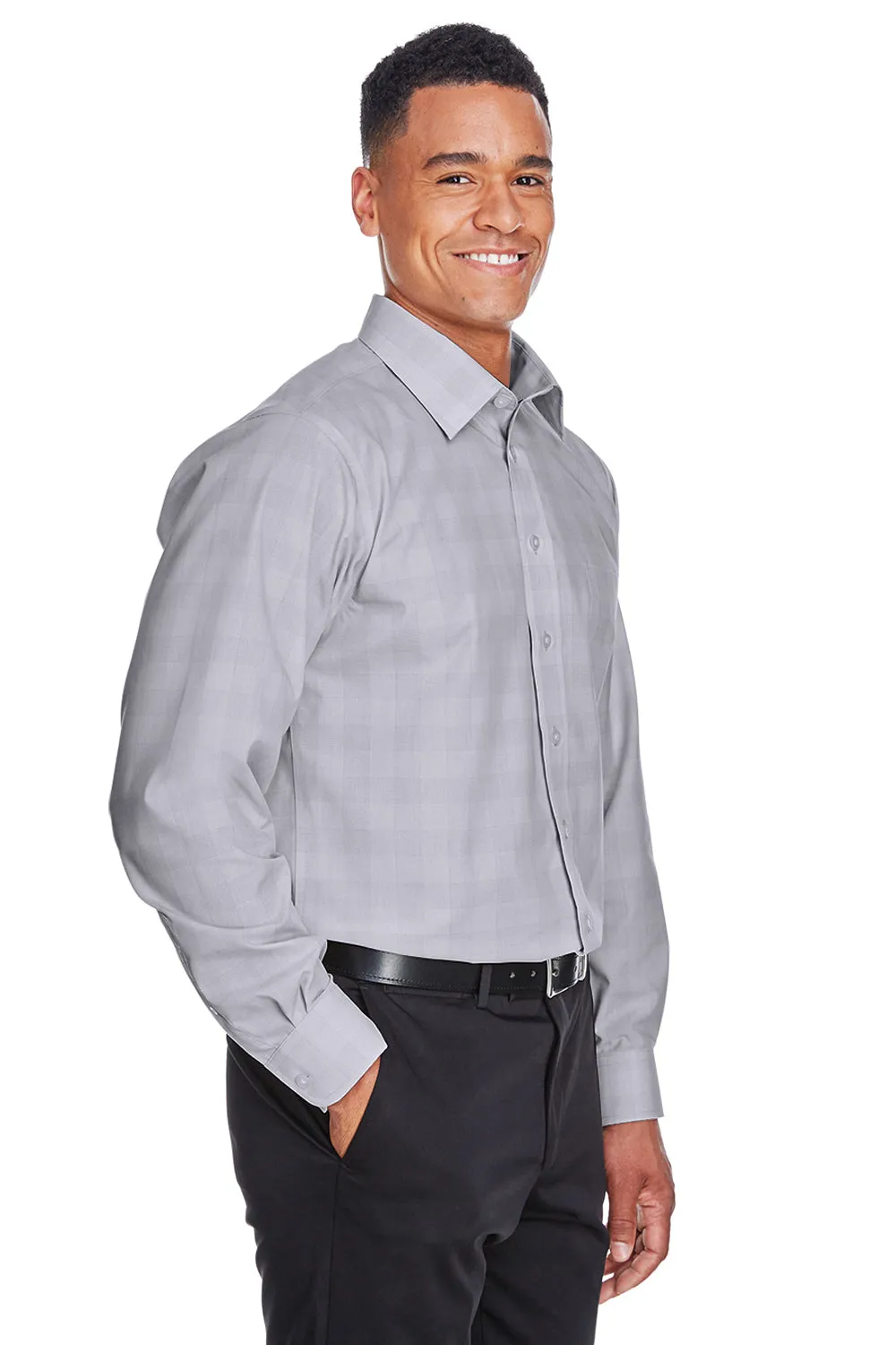 Devon & Jones Mens Crown Woven Collection Wrinkle Resistant Long Sleeve Button Down Shirt w/ Pocket - White/Graphite Grey/Light Graphite