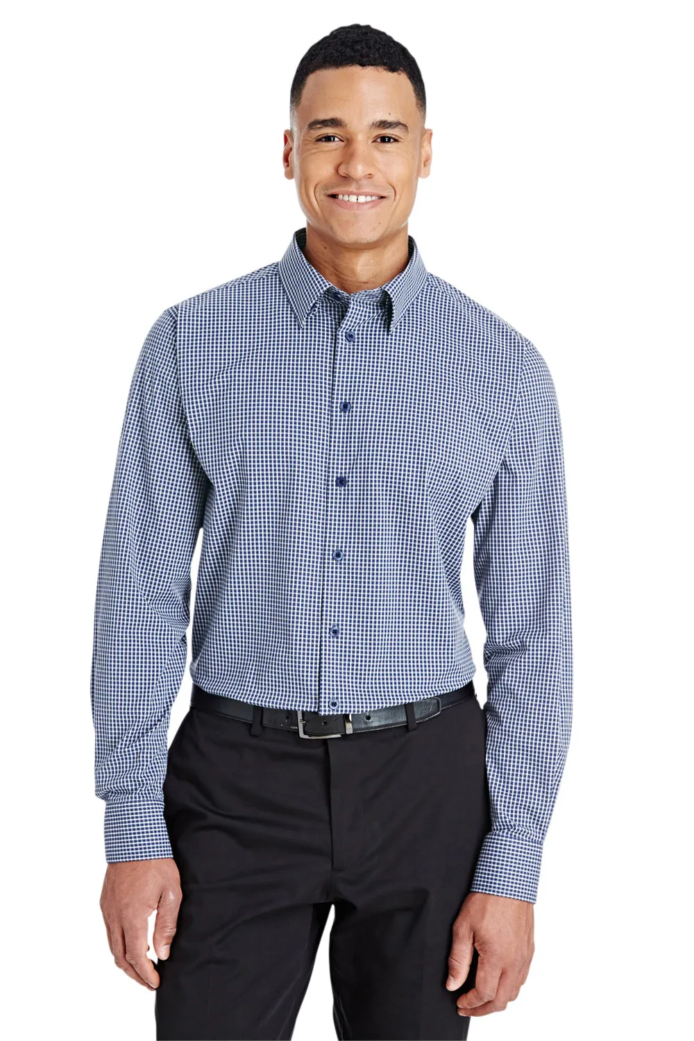 Devon & Jones Mens CrownLux Performance Moisture Wicking Long Sleeve Button Down Shirt - Navy Blue
