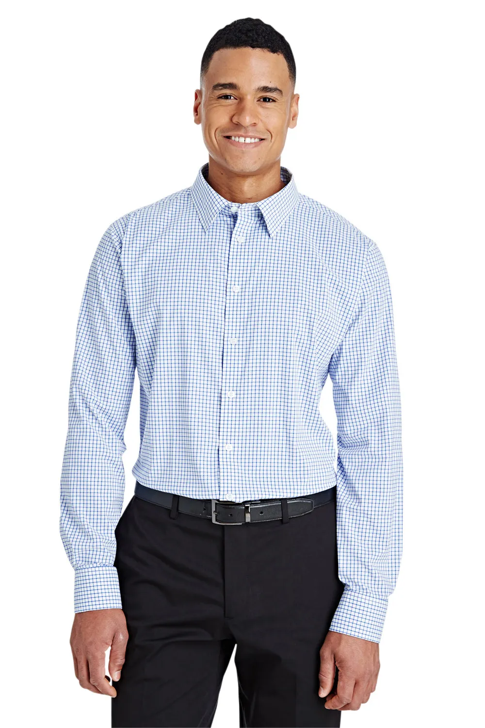 Devon & Jones Mens CrownLux Performance Moisture Wicking Long Sleeve Button Down Shirt w/ Pocket - French Blue/White