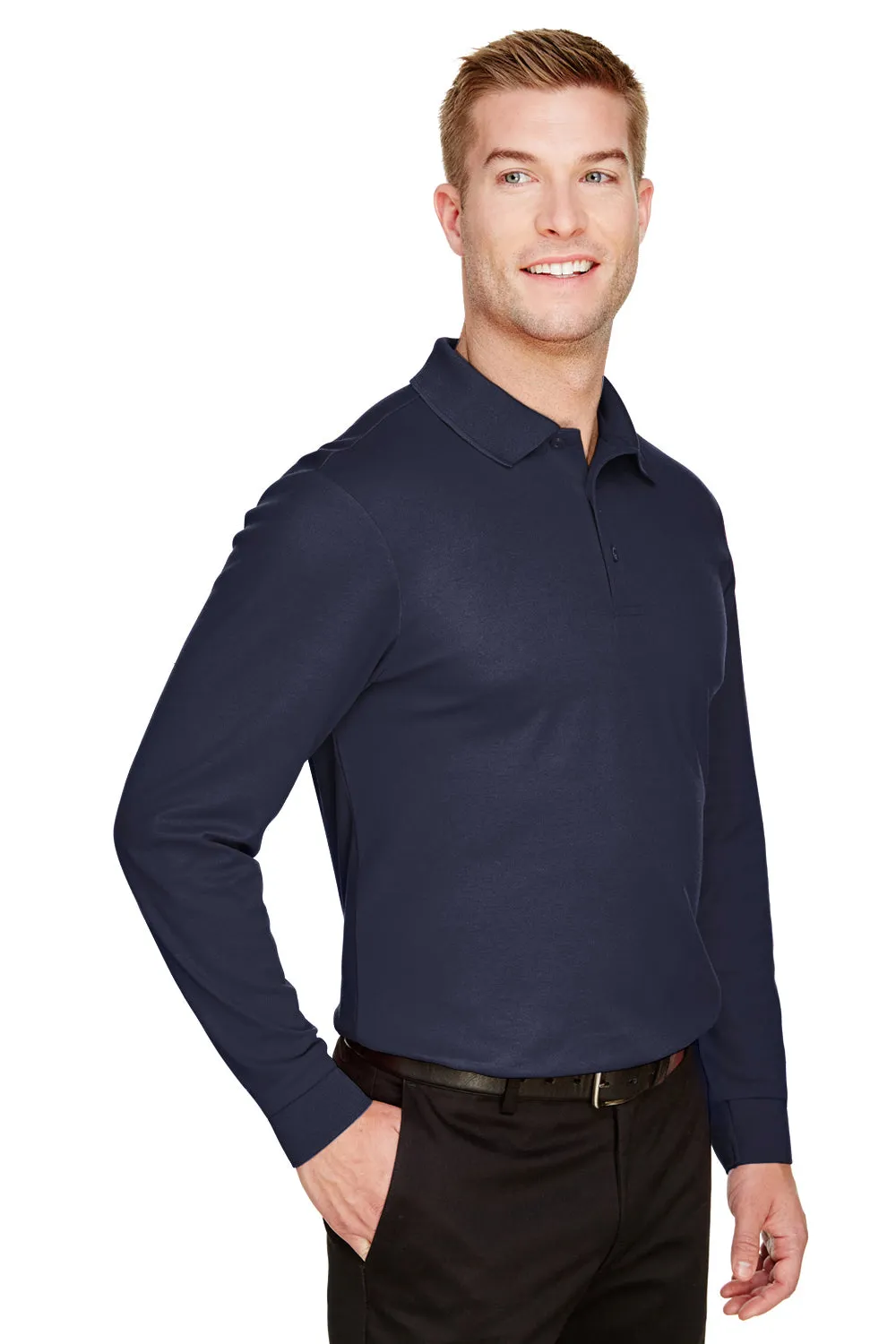 Devon & Jones Mens CrownLux Performance Moisture Wicking Long Sleeve Polo Shirt - Navy Blue