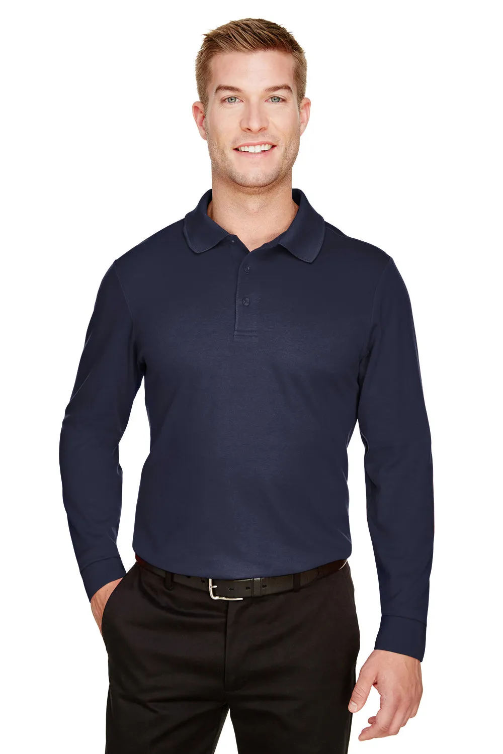 Devon & Jones Mens CrownLux Performance Moisture Wicking Long Sleeve Polo Shirt - Navy Blue