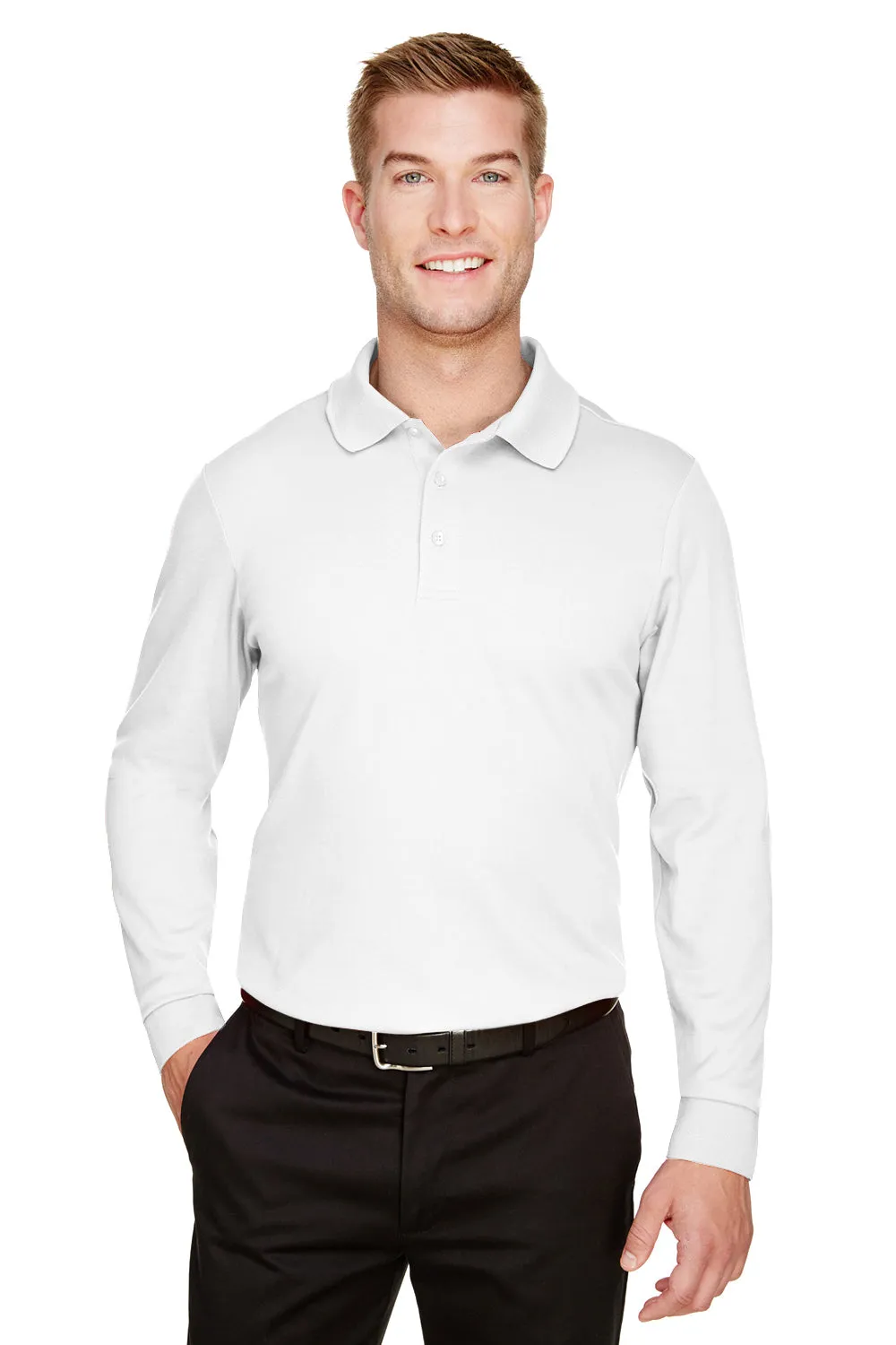 Devon & Jones Mens CrownLux Performance Moisture Wicking Long Sleeve Polo Shirt - White