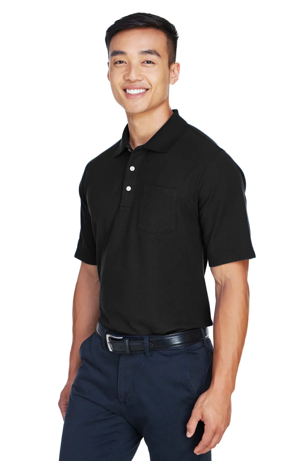 Devon & Jones Mens DryTec20 Performance Moisture Wicking Short Sleeve Polo Shirt w/ Pocket - Black
