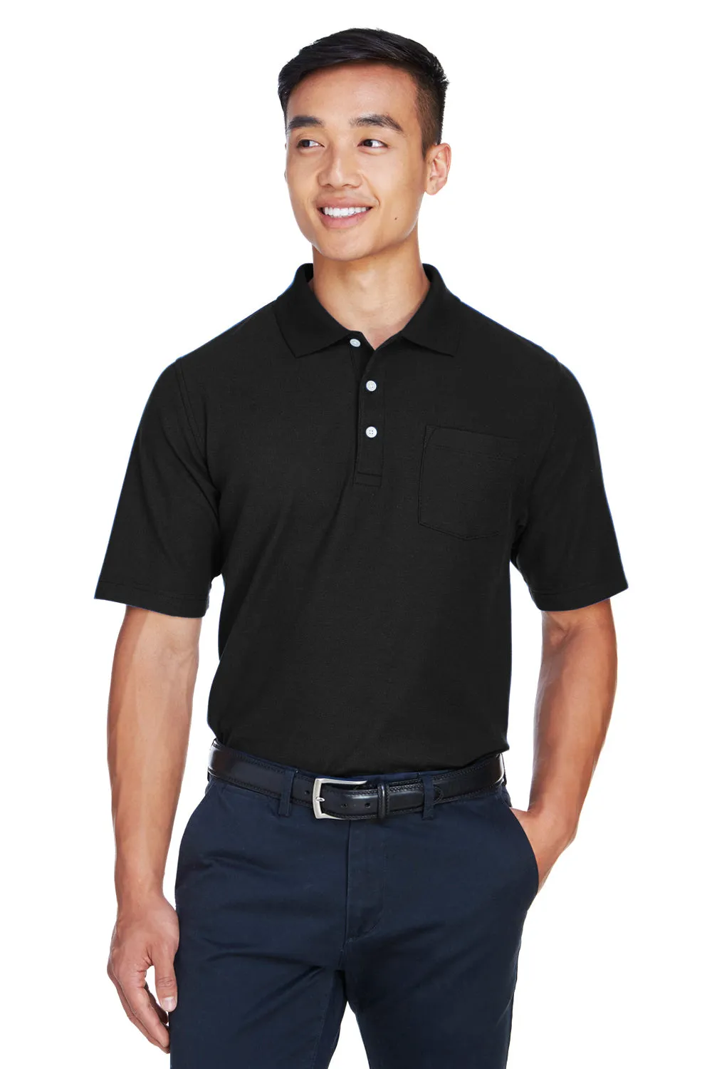 Devon & Jones Mens DryTec20 Performance Moisture Wicking Short Sleeve Polo Shirt w/ Pocket - Black
