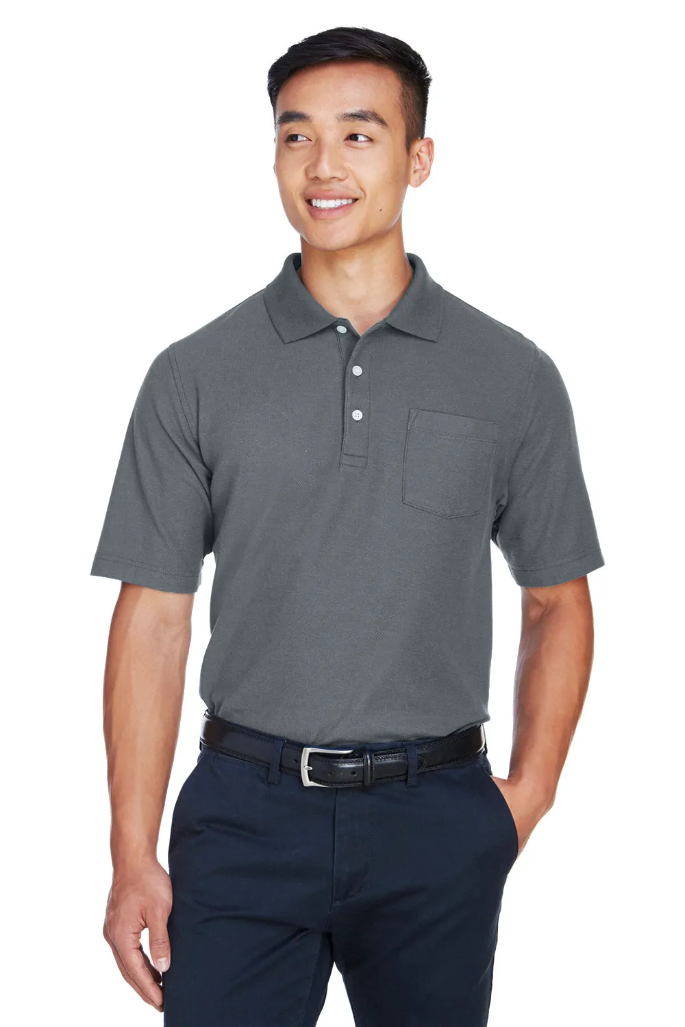 Devon & Jones Mens DryTec20 Performance Moisture Wicking Short Sleeve Polo Shirt w/ Pocket - Graphite Grey