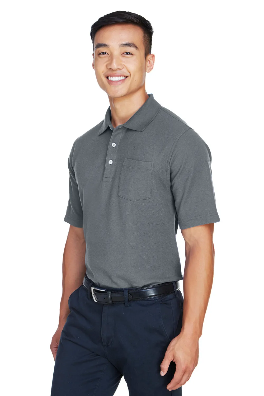 Devon & Jones Mens DryTec20 Performance Moisture Wicking Short Sleeve Polo Shirt w/ Pocket - Graphite Grey