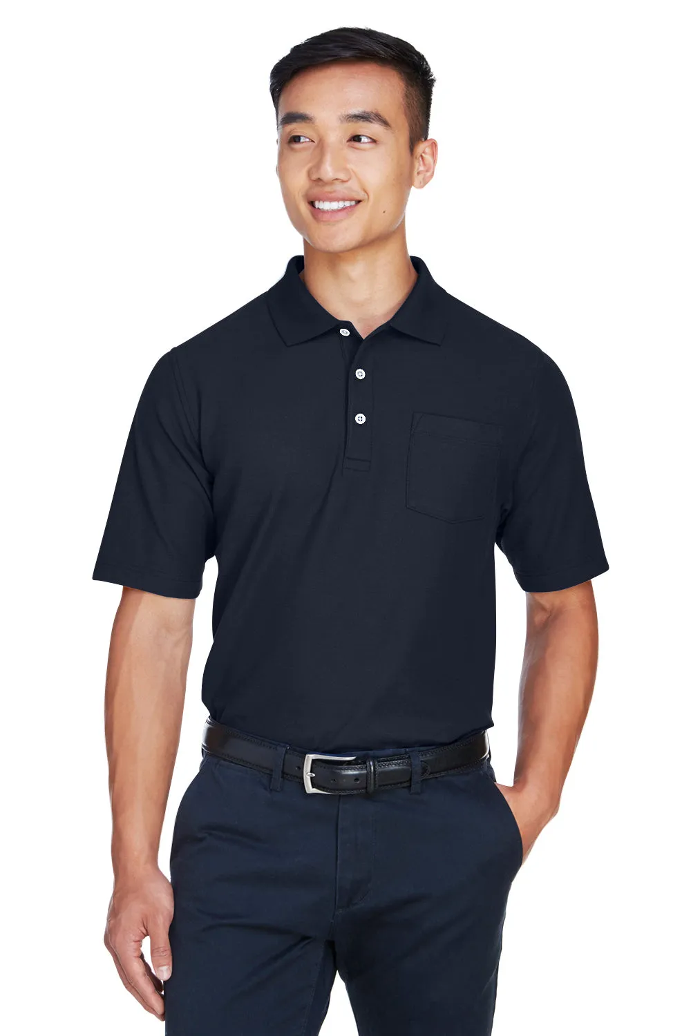 Devon & Jones Mens DryTec20 Performance Moisture Wicking Short Sleeve Polo Shirt w/ Pocket - Navy Blue