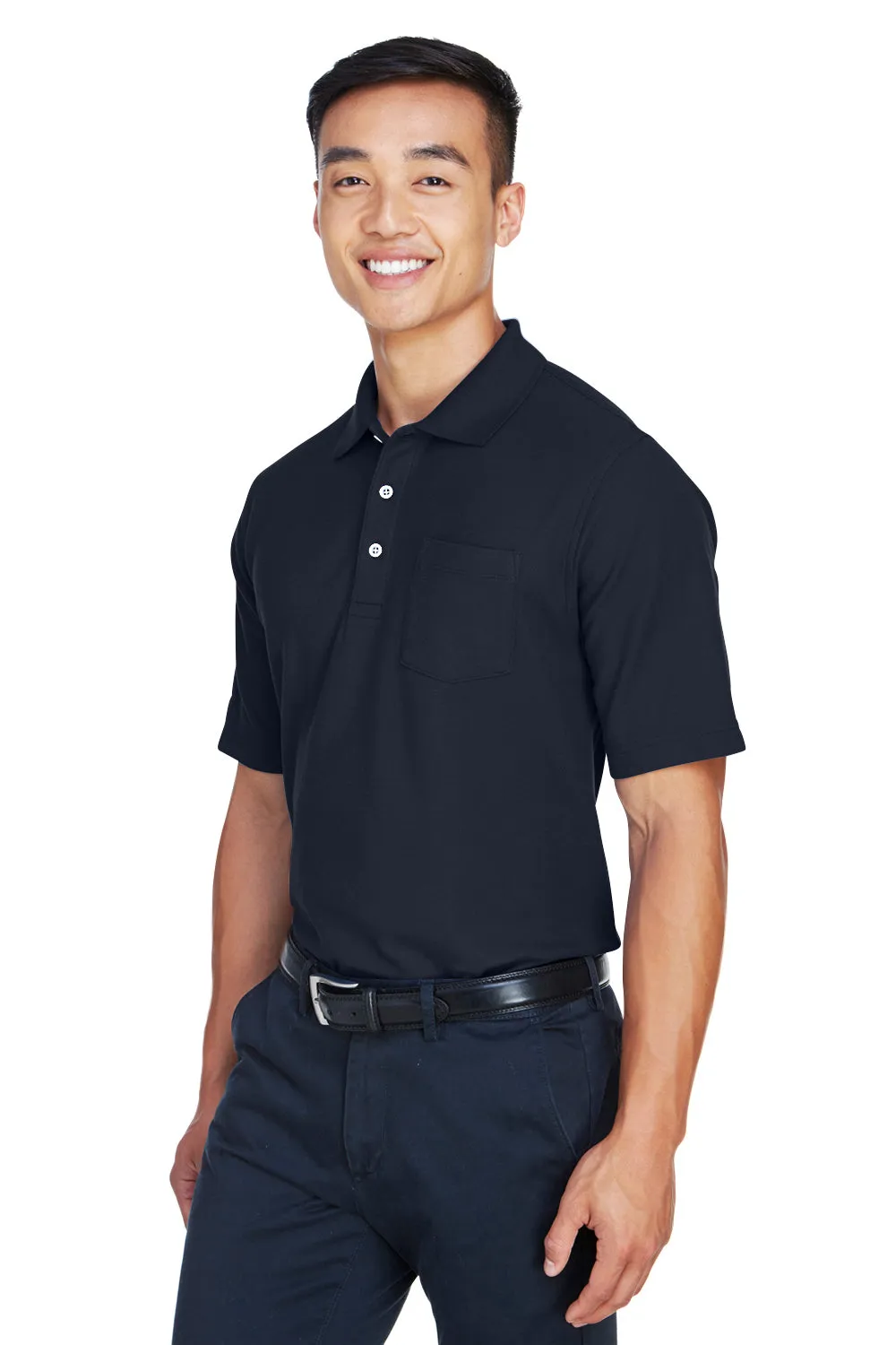 Devon & Jones Mens DryTec20 Performance Moisture Wicking Short Sleeve Polo Shirt w/ Pocket - Navy Blue