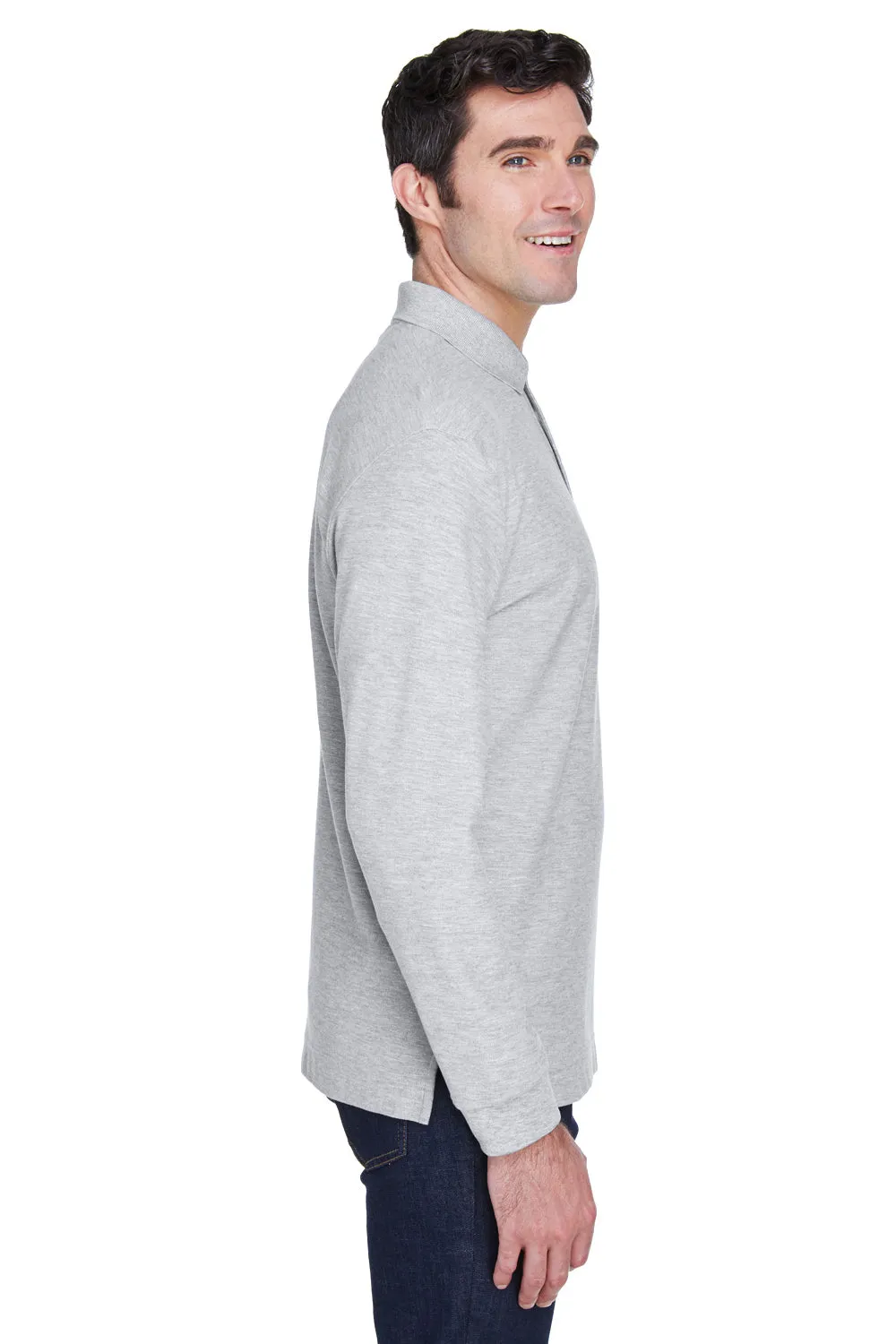 Devon & Jones Mens Long Sleeve Polo Shirt - Heather Grey