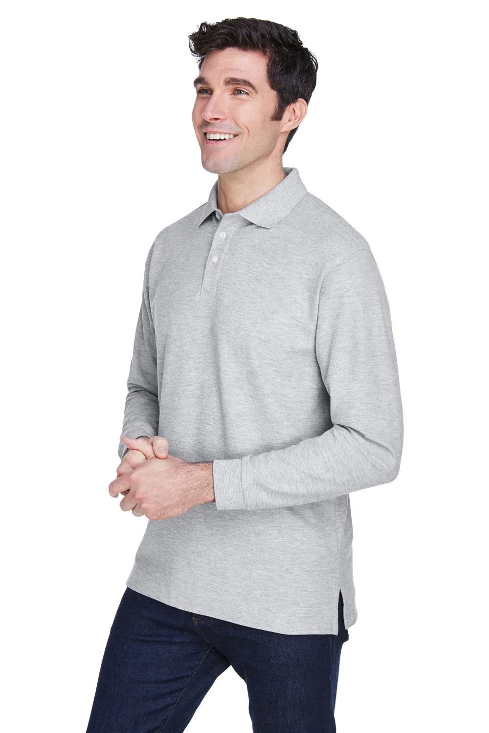 Devon & Jones Mens Long Sleeve Polo Shirt - Heather Grey
