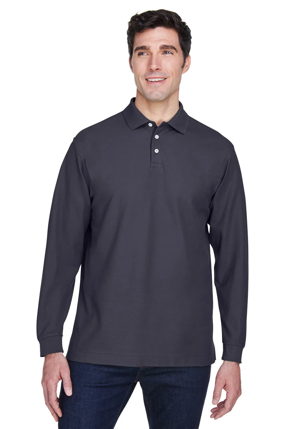 Devon & Jones Mens Long Sleeve Polo Shirt - Navy Blue