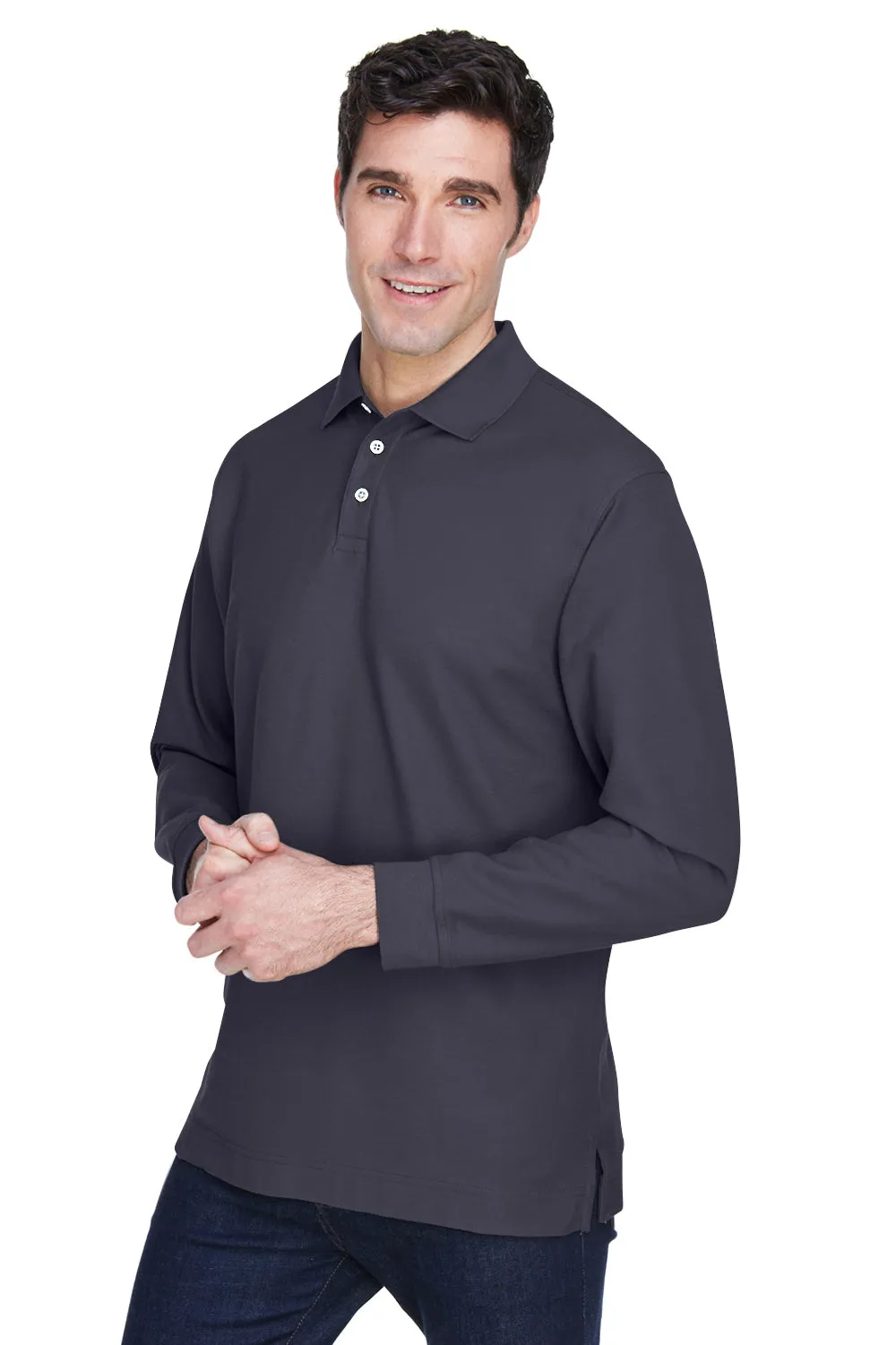 Devon & Jones Mens Long Sleeve Polo Shirt - Navy Blue