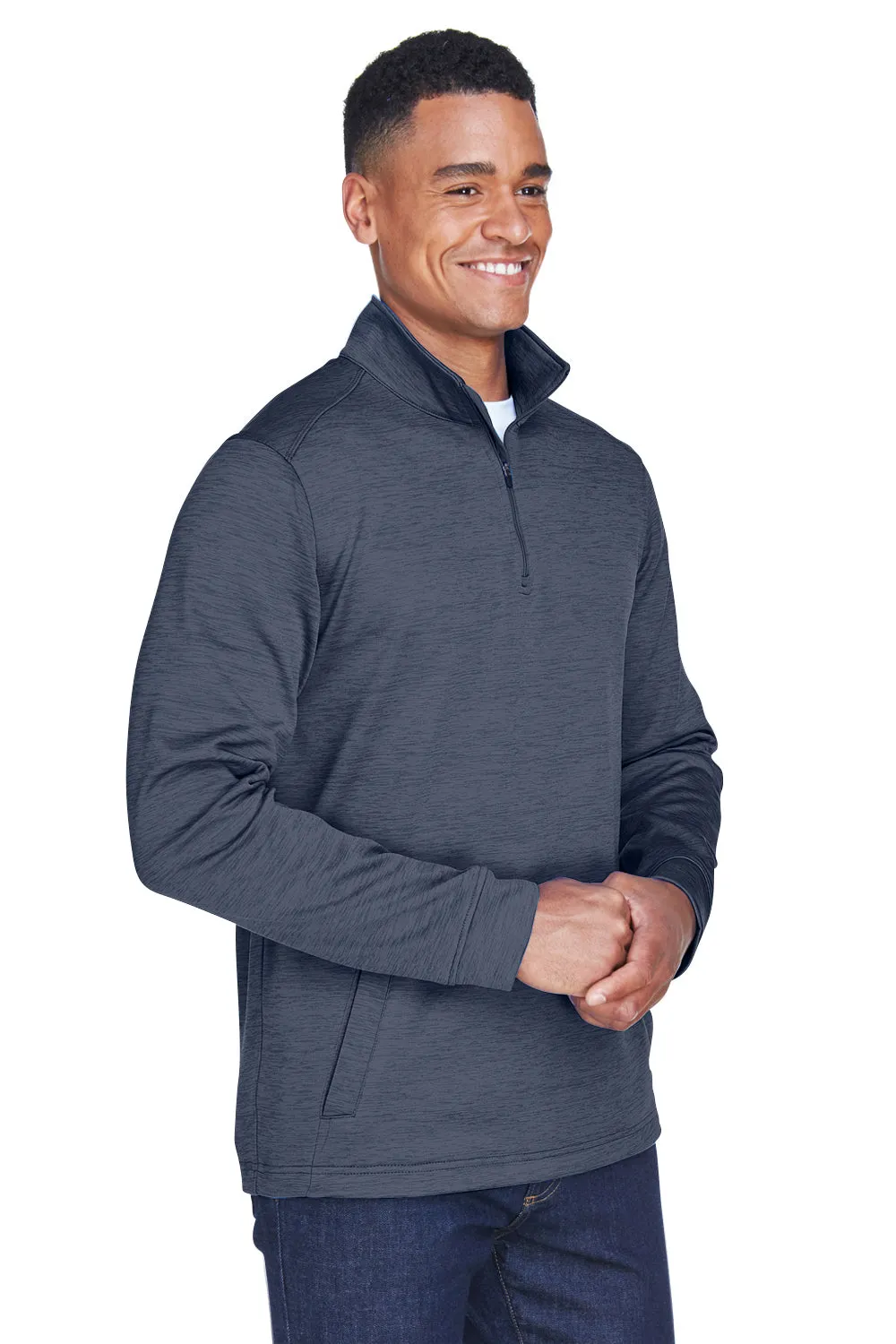 Devon & Jones Mens Newbury Fleece 1/4 Zip Sweatshirt w/ Pouch Pocket - Heather Navy Blue