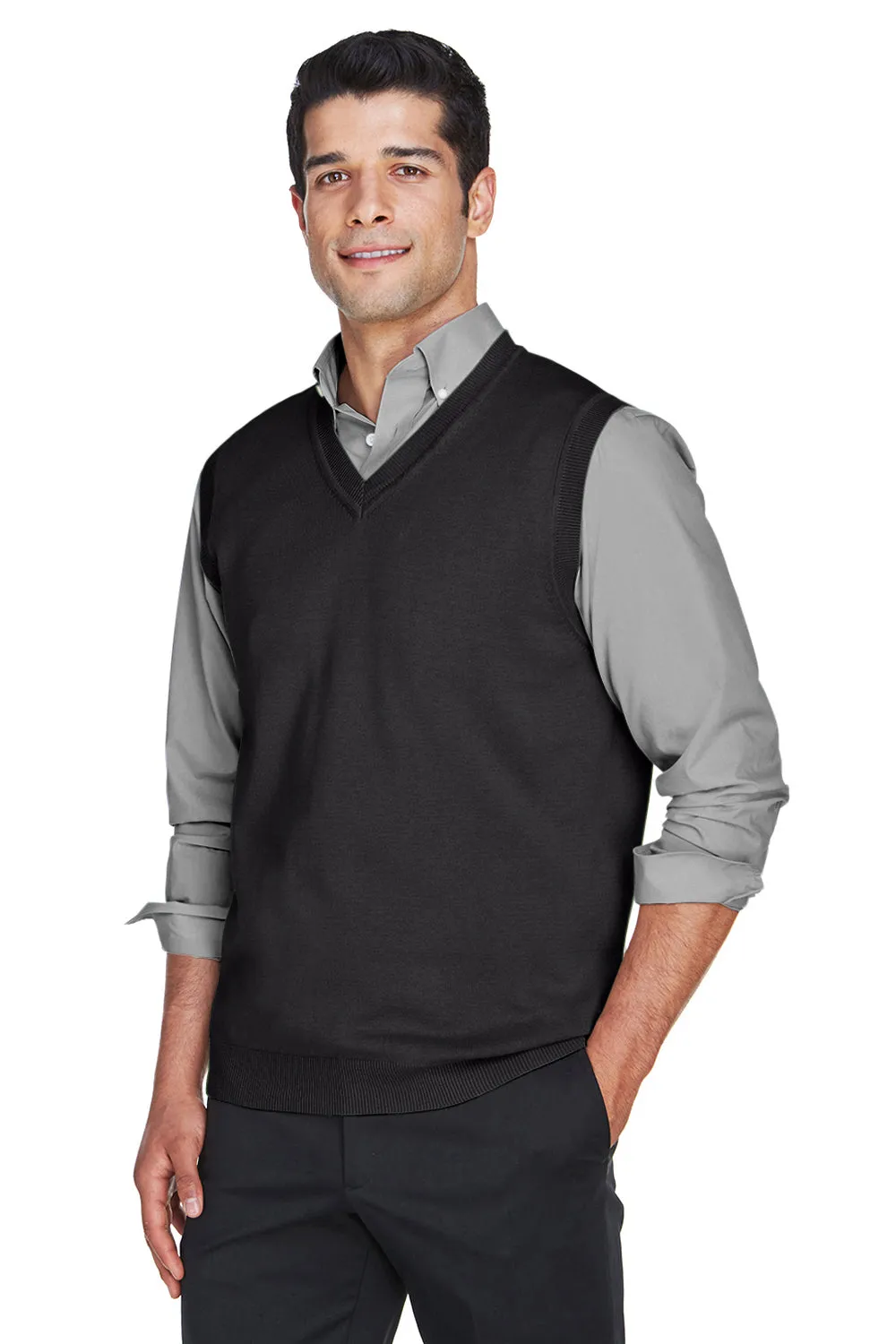 Devon & Jones Mens Wrinkle Resistant V-Neck Sweater Vest - Black - Closeout