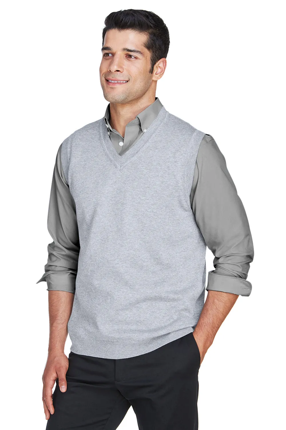 Devon & Jones Mens Wrinkle Resistant V-Neck Sweater Vest - Heather Grey - Closeout