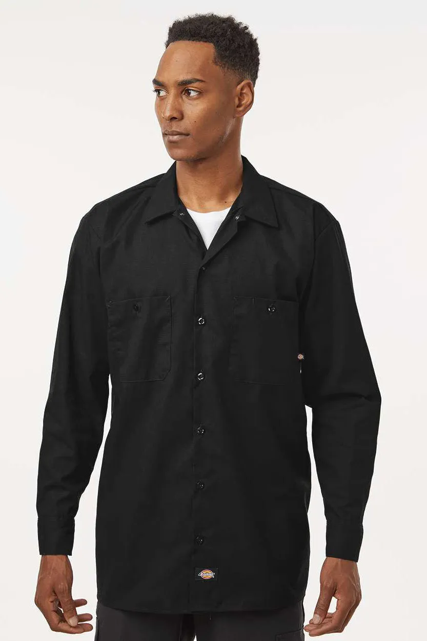 Dickies Mens Industrial Wrinkle Resistant Long Sleeve Button Down Work Shirt w/ Double Pockets - Black