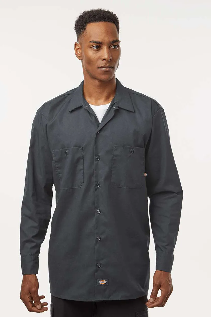 Dickies Mens Industrial Wrinkle Resistant Long Sleeve Button Down Work Shirt w/ Double Pockets - Dark Charcoal Grey