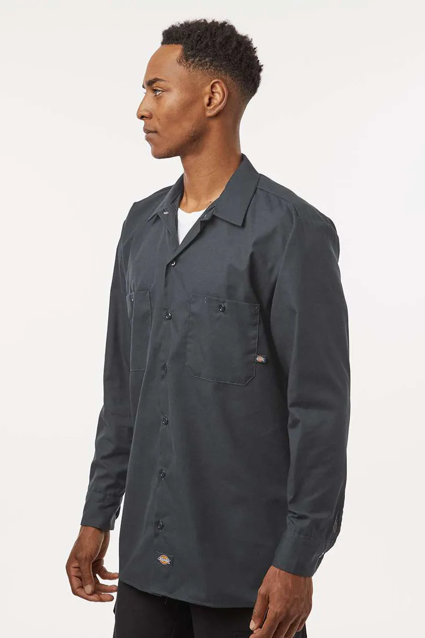 Dickies Mens Industrial Wrinkle Resistant Long Sleeve Button Down Work Shirt w/ Double Pockets - Dark Charcoal Grey