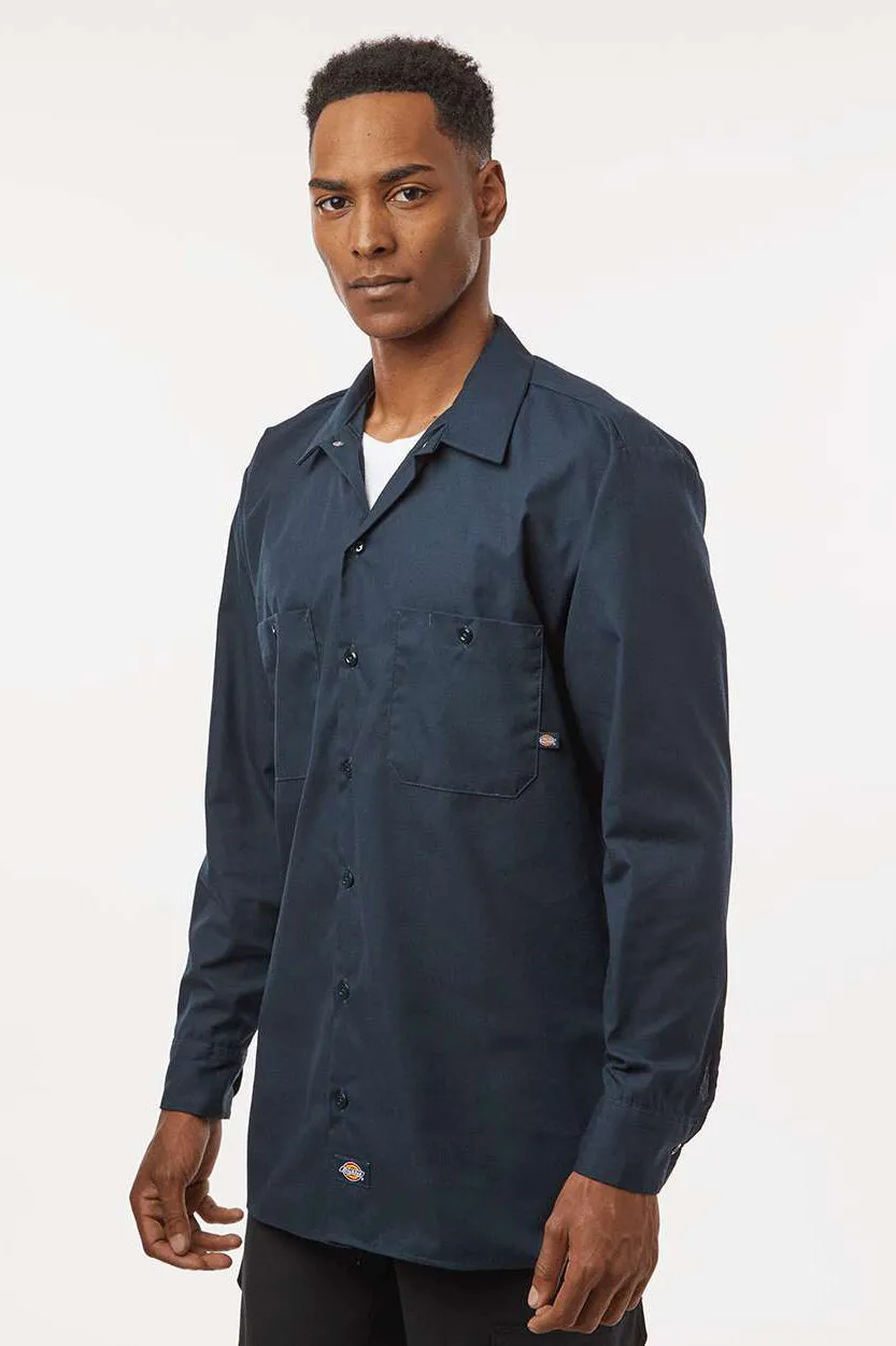 Dickies Mens Industrial Wrinkle Resistant Long Sleeve Button Down Work Shirt w/ Double Pockets - Dark Navy Blue