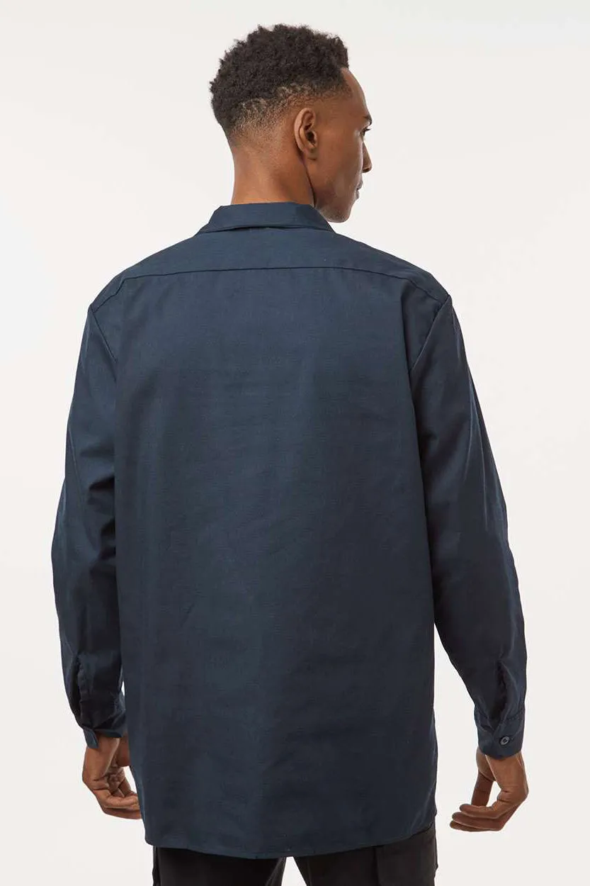 Dickies Mens Industrial Wrinkle Resistant Long Sleeve Button Down Work Shirt w/ Double Pockets - Dark Navy Blue