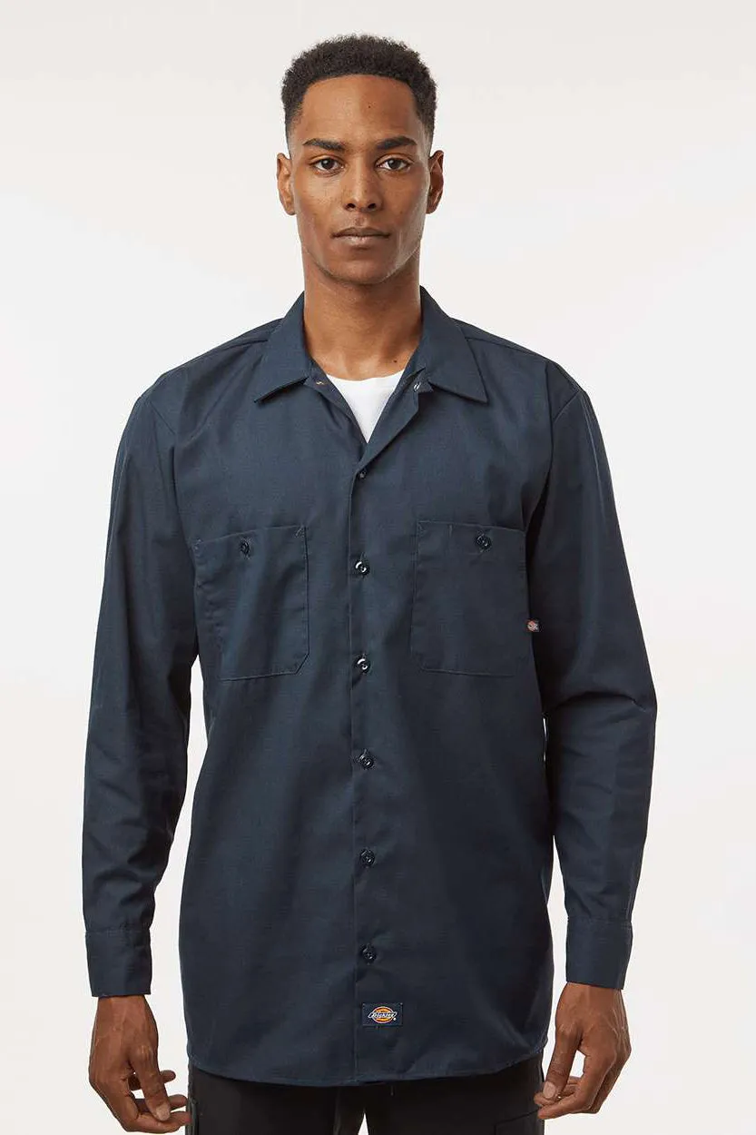 Dickies Mens Industrial Wrinkle Resistant Long Sleeve Button Down Work Shirt w/ Double Pockets - Dark Navy Blue