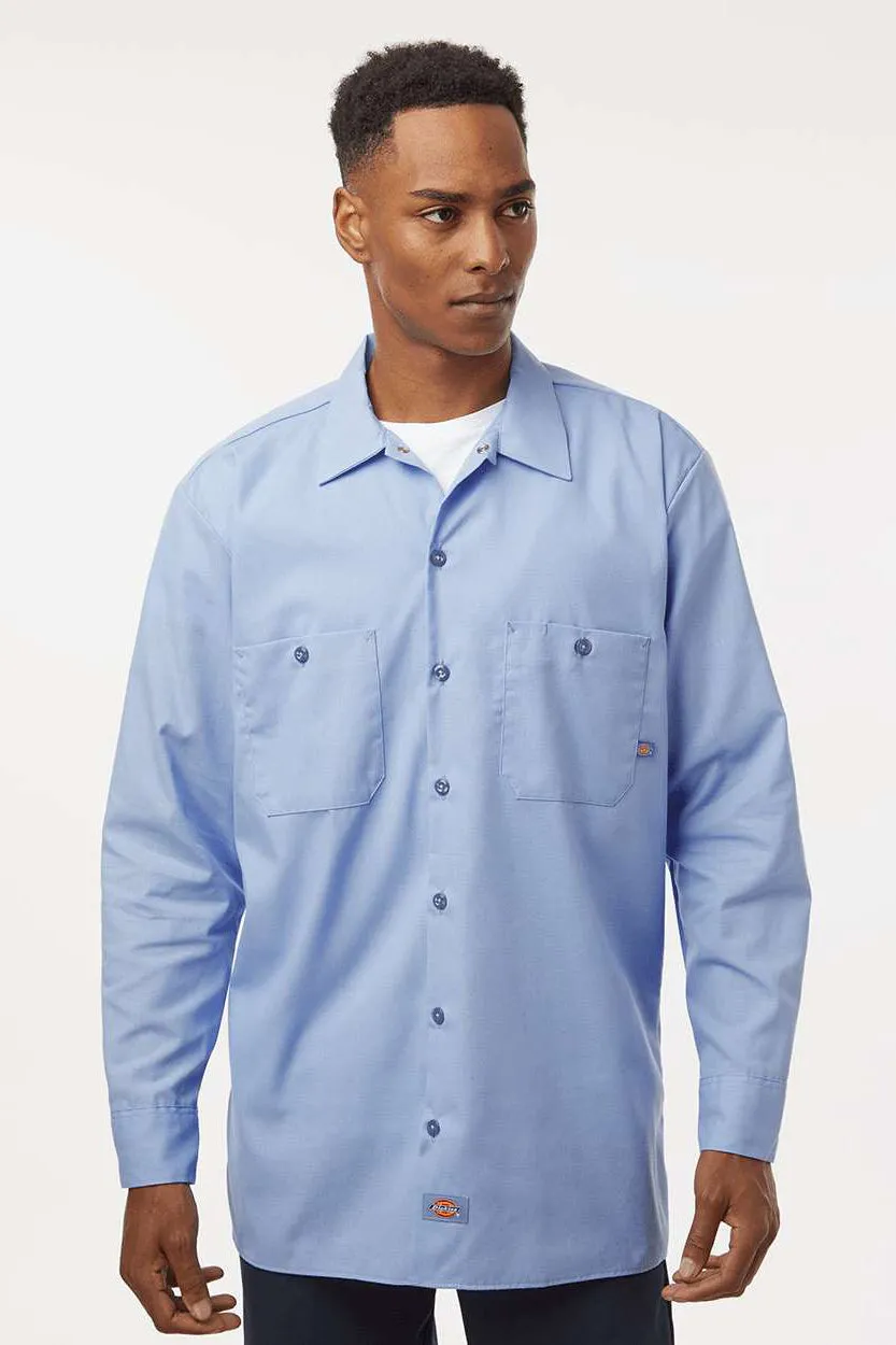 Dickies Mens Industrial Wrinkle Resistant Long Sleeve Button Down Work Shirt w/ Double Pockets - Light Blue