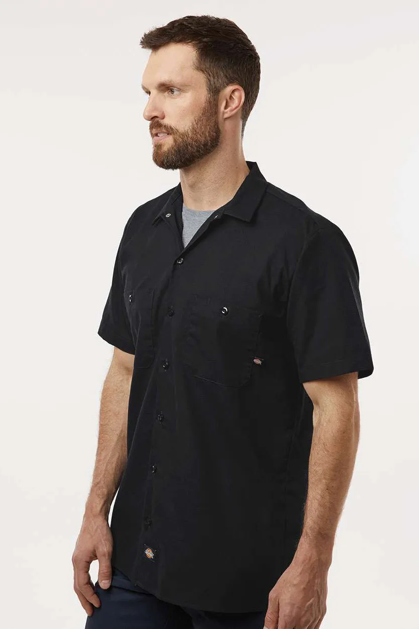 Dickies Mens Industrial Wrinkle Resistant Short Sleeve Button Down Work Shirt w/ Double Pockets - Black