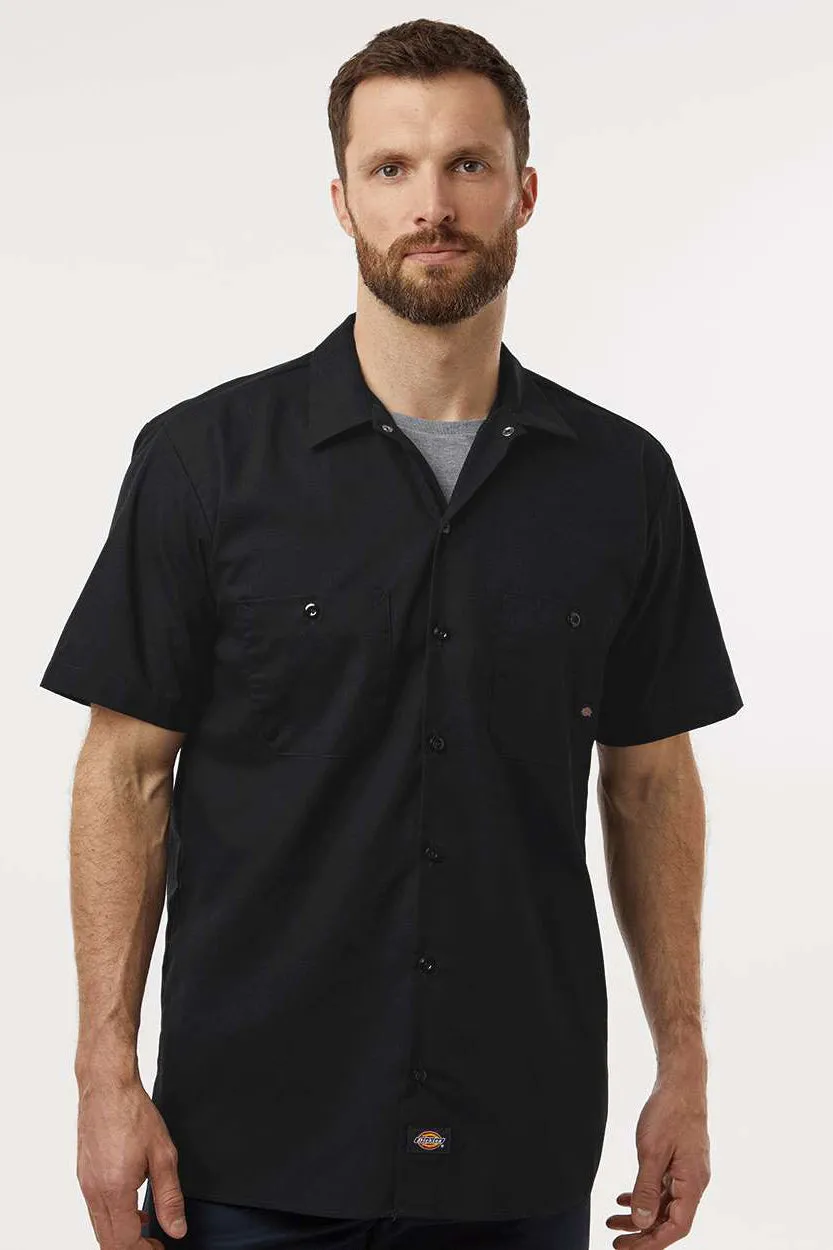 Dickies Mens Industrial Wrinkle Resistant Short Sleeve Button Down Work Shirt w/ Double Pockets - Black
