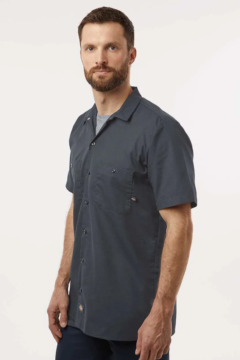 Dickies Mens Industrial Wrinkle Resistant Short Sleeve Button Down Work Shirt w/ Double Pockets - Dark Charcoal Grey