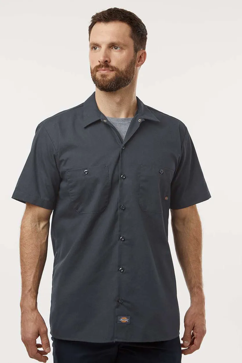 Dickies Mens Industrial Wrinkle Resistant Short Sleeve Button Down Work Shirt w/ Double Pockets - Dark Charcoal Grey