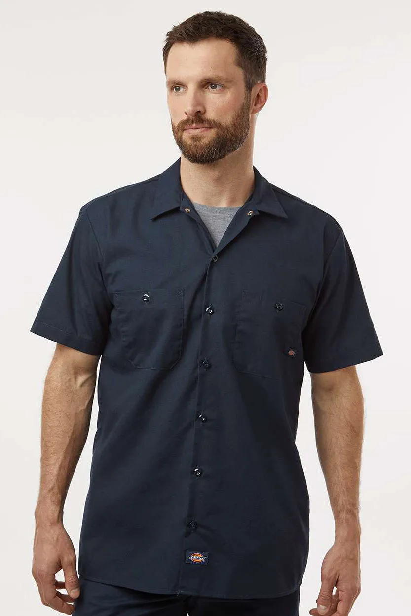 Dickies Mens Industrial Wrinkle Resistant Short Sleeve Button Down Work Shirt w/ Double Pockets - Dark Navy Blue
