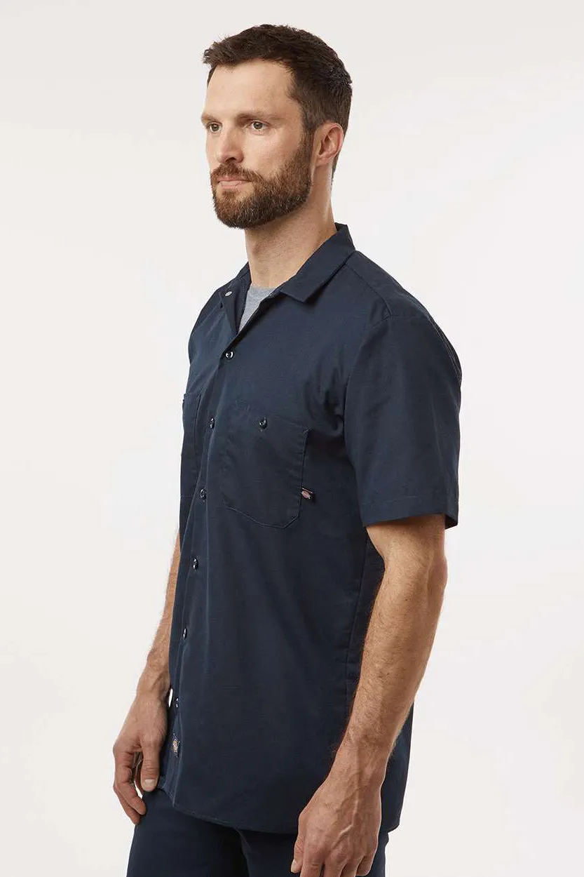 Dickies Mens Industrial Wrinkle Resistant Short Sleeve Button Down Work Shirt w/ Double Pockets - Dark Navy Blue