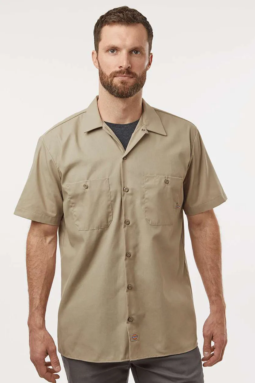 Dickies Mens Industrial Wrinkle Resistant Short Sleeve Button Down Work Shirt w/ Double Pockets - Desert Sand