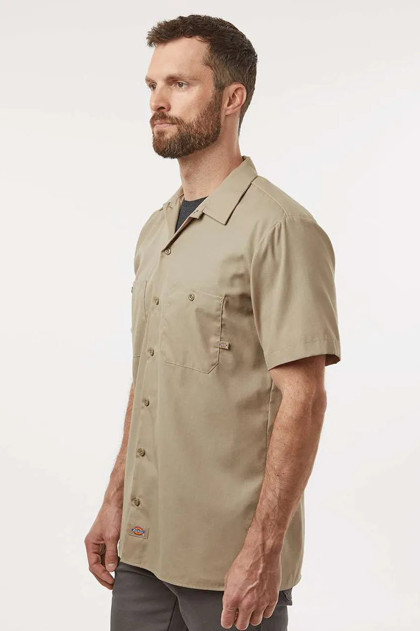 Dickies Mens Industrial Wrinkle Resistant Short Sleeve Button Down Work Shirt w/ Double Pockets - Desert Sand