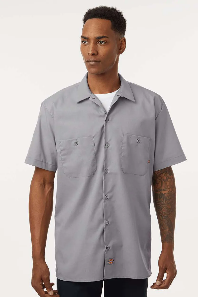 Dickies Mens Industrial Wrinkle Resistant Short Sleeve Button Down Work Shirt w/ Double Pockets - Graphite Grey