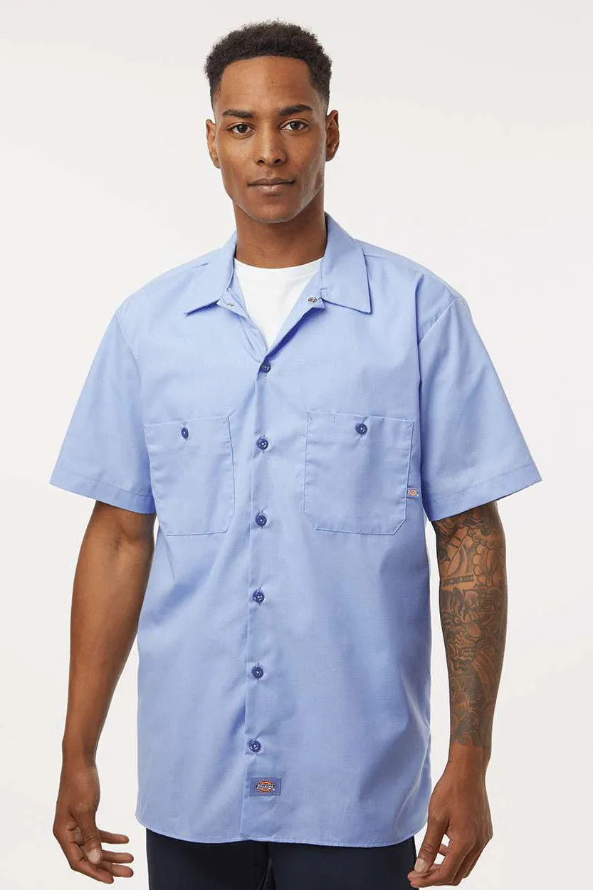 Dickies Mens Industrial Wrinkle Resistant Short Sleeve Button Down Work Shirt w/ Double Pockets - Light Blue