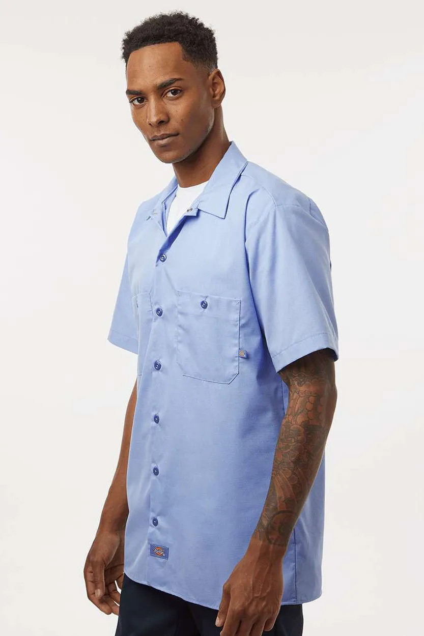 Dickies Mens Industrial Wrinkle Resistant Short Sleeve Button Down Work Shirt w/ Double Pockets - Light Blue