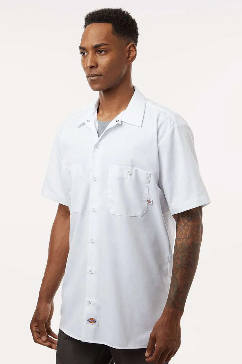 Dickies Mens Industrial Wrinkle Resistant Short Sleeve Button Down Work Shirt w/ Double Pockets - White